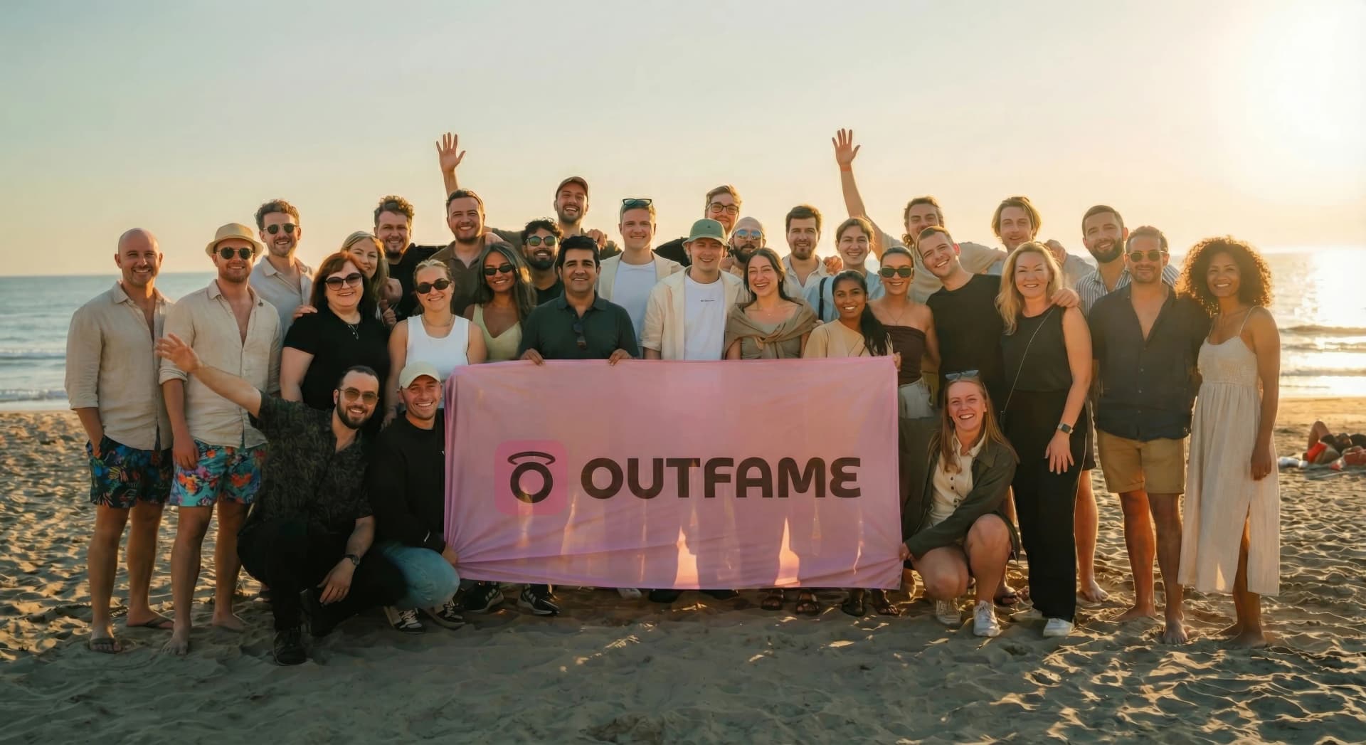 Outfame team at beach retreat 2025 - Our remote-first team comes together for quarterly offsites to collaborate, bond, and recharge