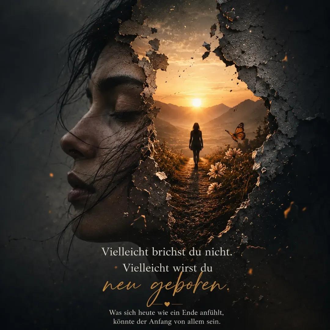 Cinematische Landschaft bei Sonnenuntergang mit Bergen, einem leuchtenden Tal, Blumen und mehreren Schmetterlingen. Der Weg führt durch die Landschaft in Richtung Licht. Ein emotionales Motiv über Hoffnung, Heilung, innere Stärke, Selbstfürsorge und den Mut, auch in schwierigen Zeiten weiterzugehen. Eine positive Botschaft für Menschen, die mit mentaler Gesundheit, persönlichen Herausforderungen und schweren Lebensphasen umgehen.