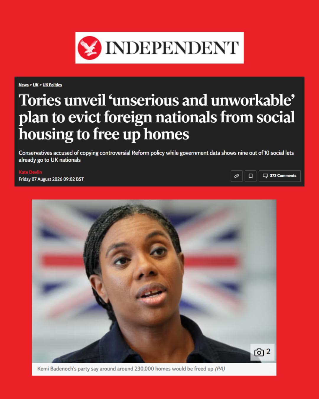 The image is a screenshot of a news article from The Independent. The headline reads, "Tories unveil ‘unserious and unworkable’ plan to evict foreign nationals from social housing to free up homes." Below the headline, there's a text mentioning that most social lets already go to UK nationals. The image beneath the headline shows a person speaking, with two Union Jack flags in the background.