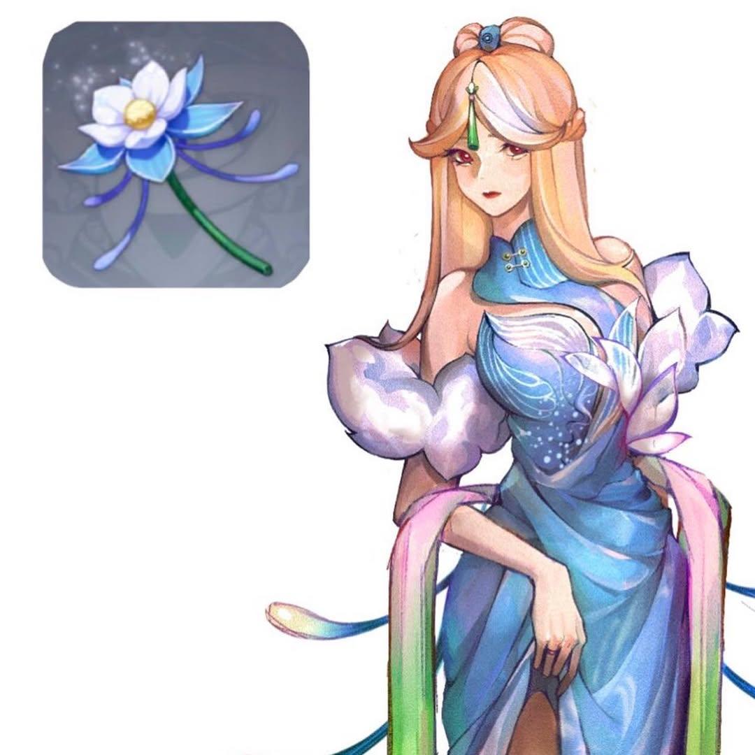 zoomed in illustration snapshot of the my glazed lily fashion inspired character design piece for ningguang from the hit game genshin impact. the color palette is blue toned and features a waist up illustration of ningguang in a glaze lily inspired outfit designed as a night evening dress