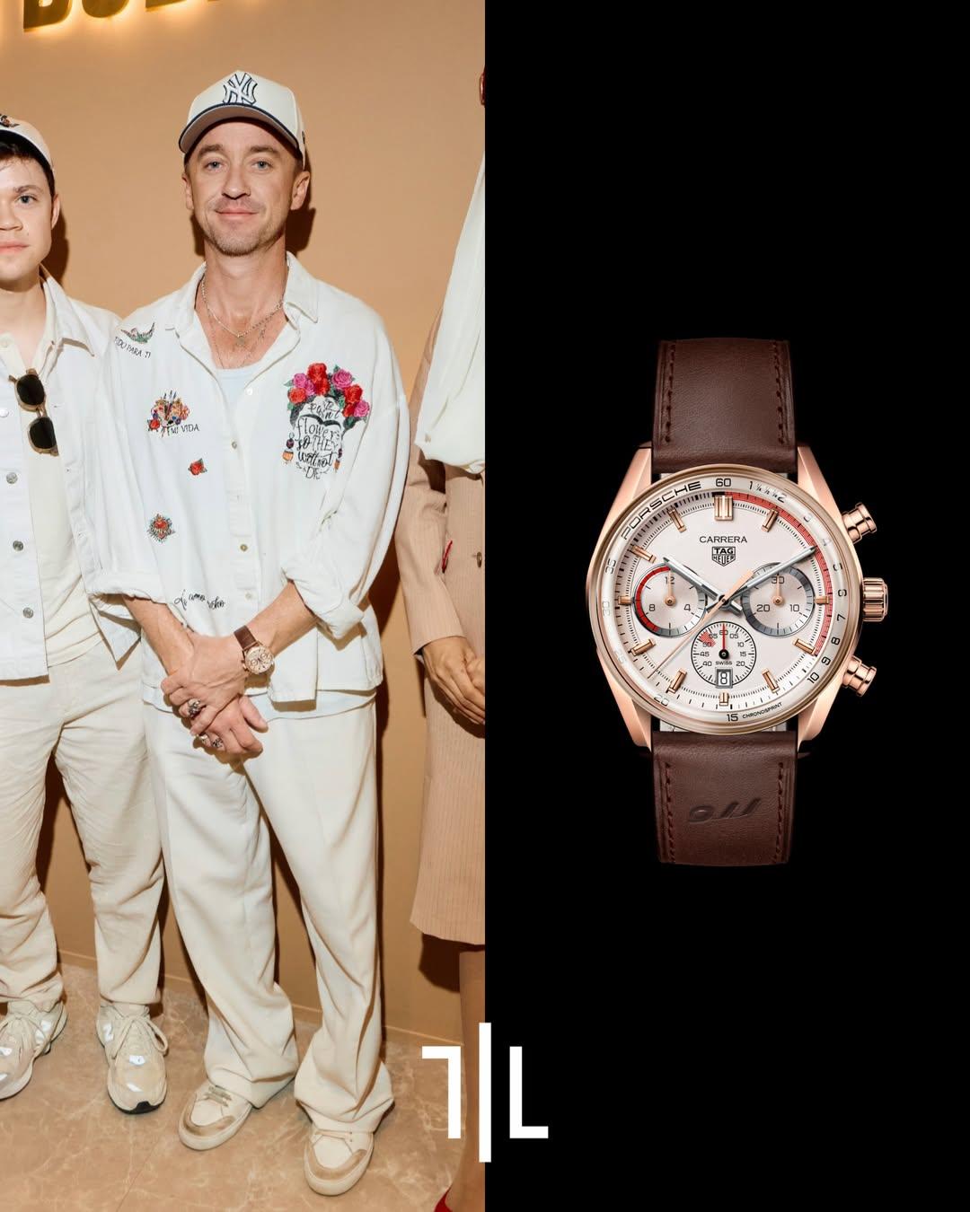 felton, best known for his iconic role as Draco Malfoy in the Harry Potter film series, was spotted at the 2026 US Open in New York wearing the @tagheuer Carrera Chronosprint x Porsche Ref. CBS2040.FC8318.

Crafted in 18K 5N rose gold, this 42mm chronograph features a refined beige dial, brown leather strap and TAG Heuer’s in-house automatic TH20-08 movement, offering an impressive 80-hour power reserve.

Inspired by the legendary Porsche 911 and the original Carrera, the Chronosprint combines motorsport heritage with high-end Swiss watchmaking.