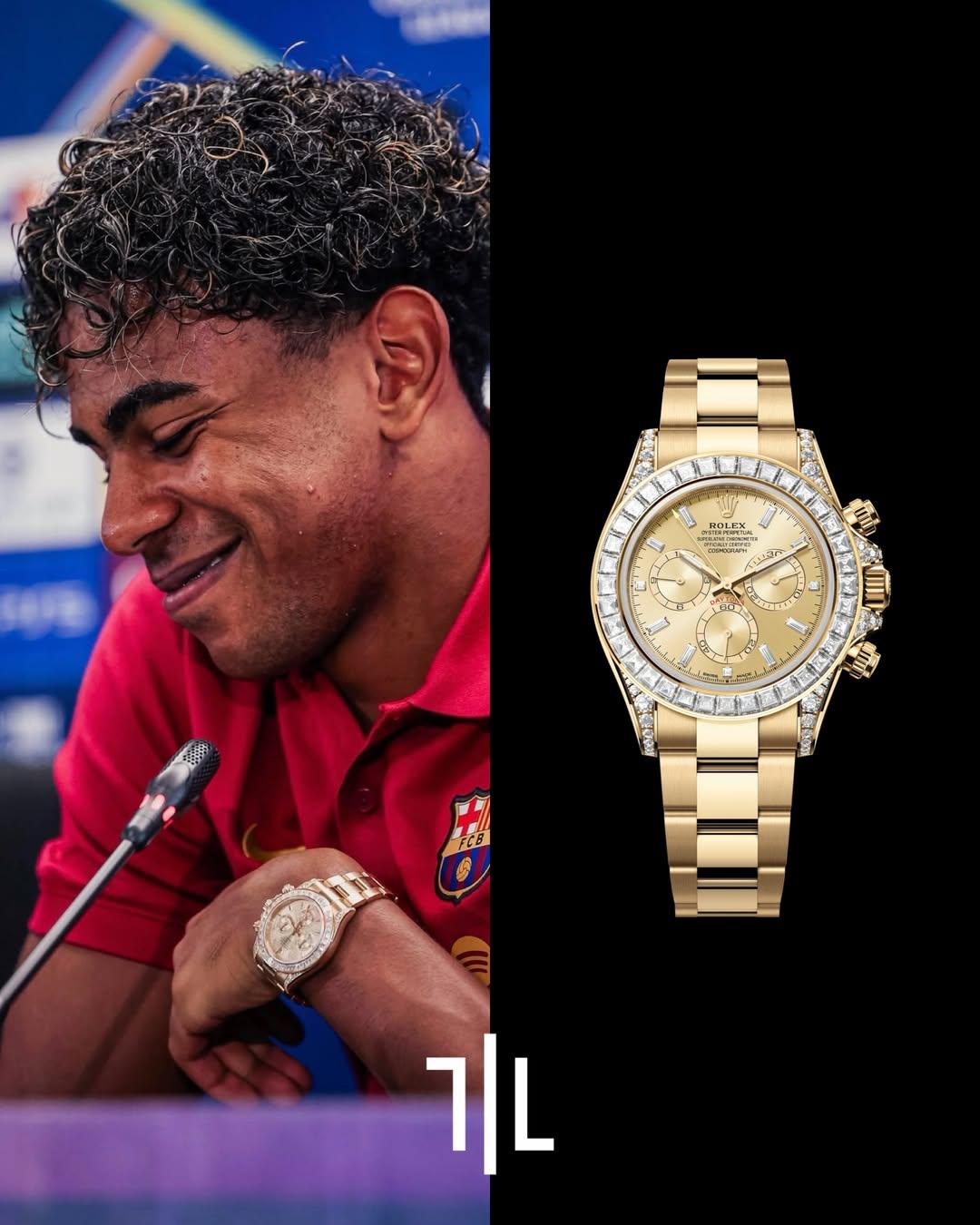 @lamineyamal wore the @rolex Cosmograph Daytona Ref. 126598TBR in 18k yellow gold during the press conference ahead of tonight’s UEFA Champions League match.

The ultra-exclusive Daytona features a champagne dial, a bezel set with 36 baguette-cut diamonds and matching diamond hour markers, making it one of Rolex’s most extravagant gem-set chronographs.

Market price: ~$180,000.

#lamineyamal #rolex #daytona #championsleague #insaneluxury