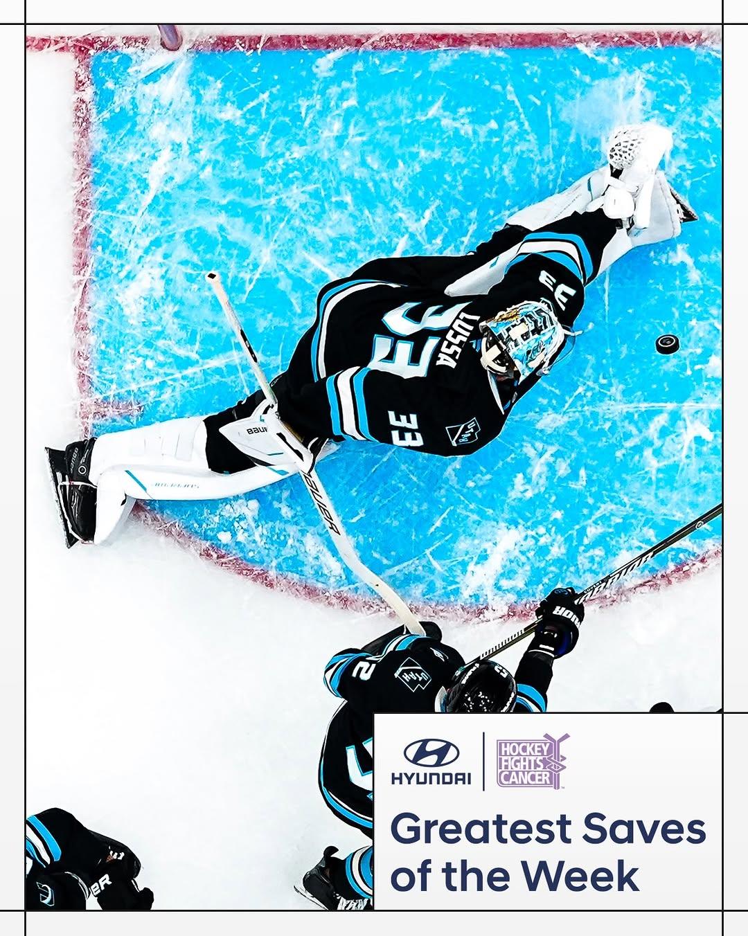 Overhead photo of Sebastian Cossa making a save. The bottom right reads, "Greatest saves of the week" with the Hyundai logo and the Hockey Fights Cancer logo.