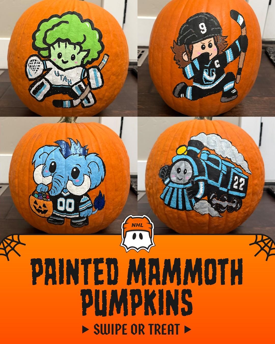 Photos of hand painted pumpkins with text reading, "Painted Mammoth pumpkins"