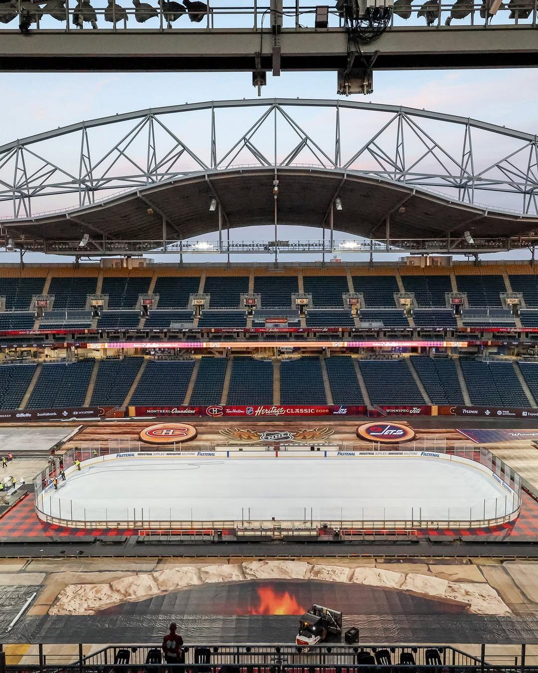 Photo of Princess Auto Stadium in Winnipeg, Manitoba being transformed into a hockey rink for the Heritage Classic.