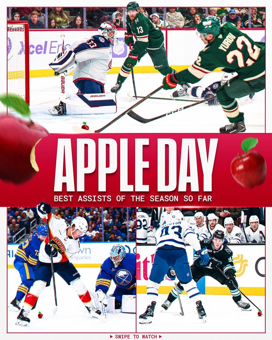 Graphic promoting “Apple Day: Best Assists of the Season So Far.” Three hockey action photos show skaters making plays near the net, with apples incorporated throughout the design. Large white text on a red background reads, “Apple Day,” with smaller text, “Best Assists of the Season So Far.” Bottom text reads, “Swipe to watch.”