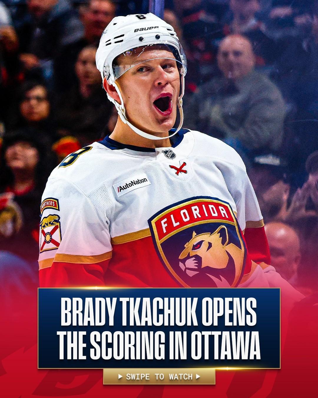 Photo of Brady Tkachuk on ice in a Panthers uniform overlaid with white text on a blue background that reads: "Brady Tkachuk opens the scoring in Ottawa"
