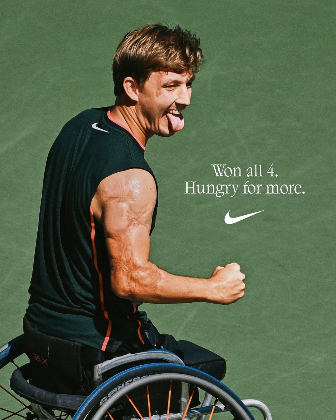 Niels Vink celebrates a point in New York in a wheelchair, tongue out, wearing a black Nike tennis kit. Headline "Won all 4. Hungry for more." and the Nike logo.